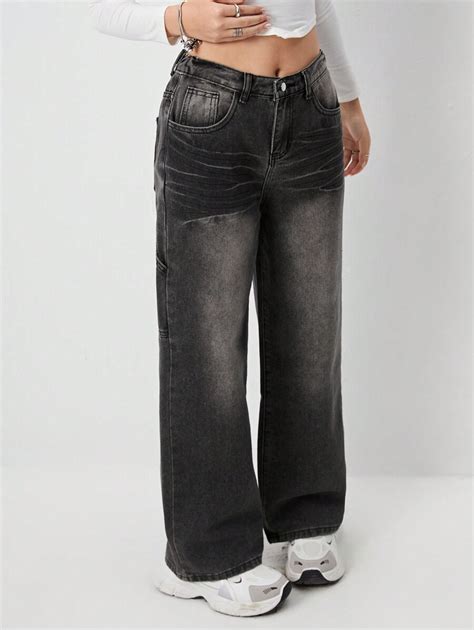 SHEIN Jeans in denim lavato nero e grigio con vita rilassata, di nello ...