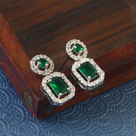 Silver-Plated Cubic Zirconia Studded Square Drop Earrings – Jewar Mandi