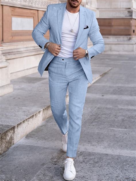 Pour des hommes Mariage Costumes en lin Cranté Bleu Ciel Gris Claire ...