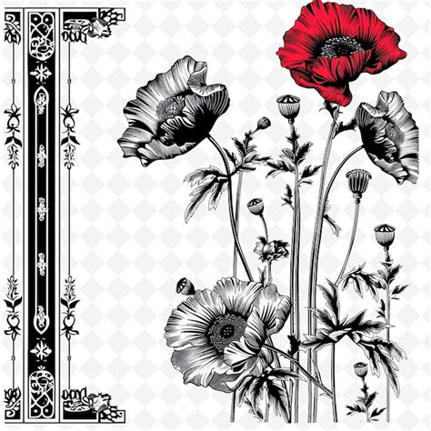 Majestic poppy flowers borderlines design with chinese motif creative ...