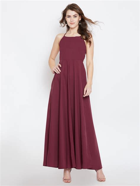 Berrylush Women Solid Maroon Square Neck Tie-Up Caged Back Flared Maxi