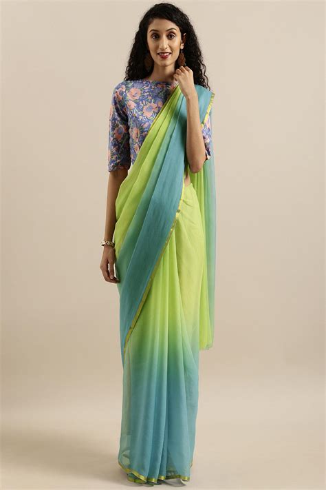 Buy Green-Blue Shaded Hand-Dyed Chiffon Saree – Geroo Jaipur