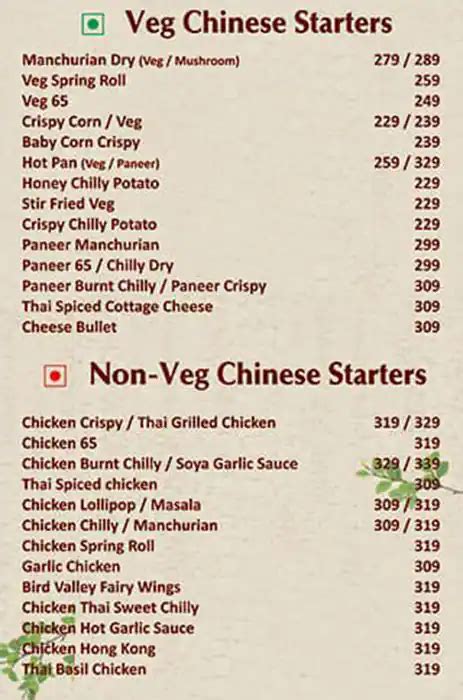 Menu at Bird Valley, Pune