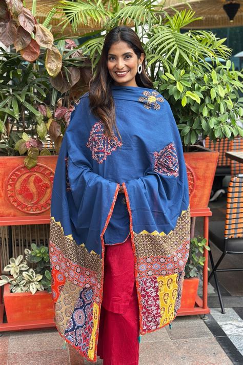 Buy Steel Blue Applique Patch Work Cotton Ajrakh Dupatta - House Of ...