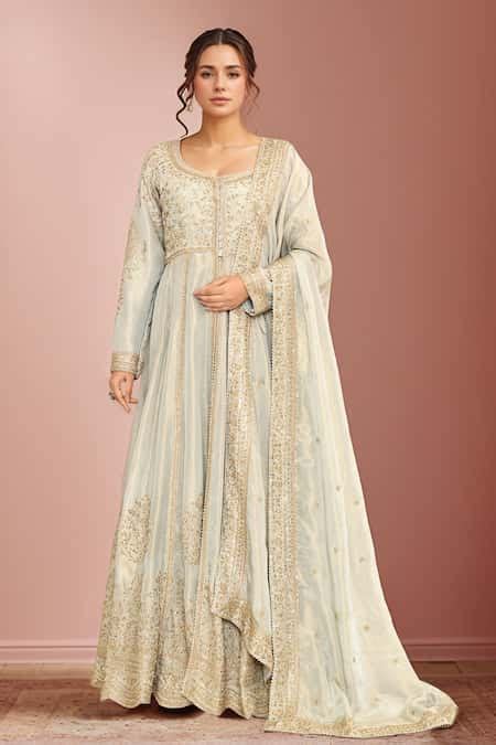 Buy Blue Tissue Embroidery Floral Scoop Neck Jacket Anarkali Sharara ...