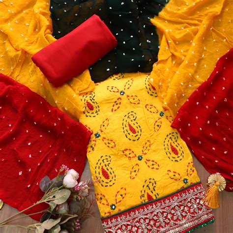 Sifarshi Bumblebee Yellow All Over Thread work with Embellish Hem Cott ...