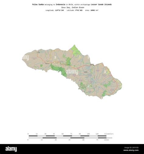 Pulau Sumba in the Savu Sea, belonging to Indonesia, isolated on a topographic, OSM standard ...
