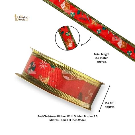 Red Christmas Ribbon With Golden Border 2.5 Metres - Small (1 Inch Wid