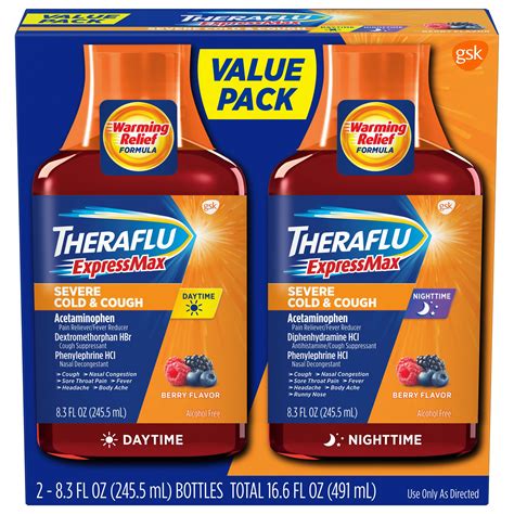 Theraflu ExpressMax Daytime/Nighttime Severe Cold & Cough Relief Syrups, Berry Flavor, 8.3 oz ...