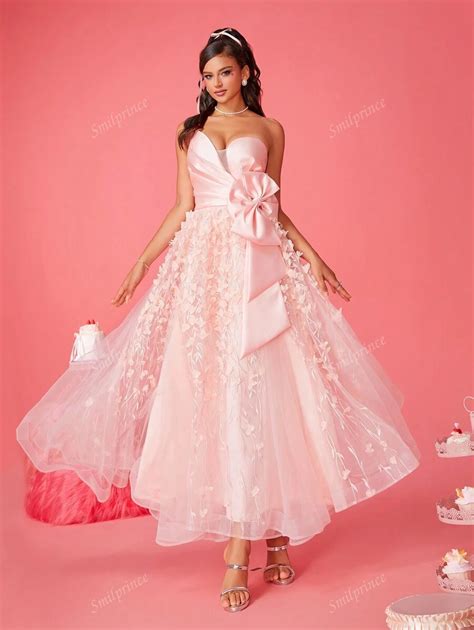 Smilprince Elegant Pink Satin Tube Dress With 3D Floral Applique And ...