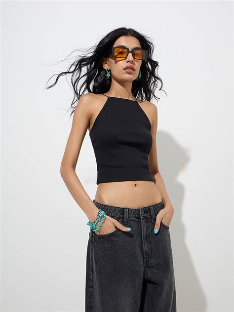 Buy Nuon Black Ribbed-Textured Cotton-Blend Top from Westside