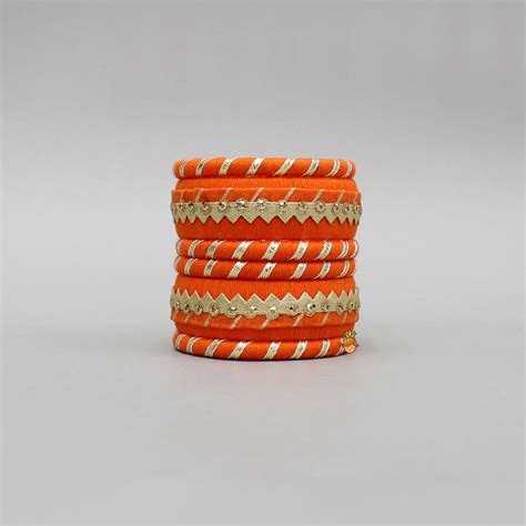 Gota Lace-Embellished Orange Thread Bangles