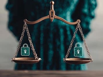 Digital justice scales with a lock and data flow symbols on each side ...