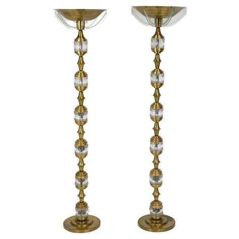 Pair Mid-Century Modern Brass and Glass Floor Lamps For Sale at 1stDibs