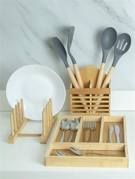 Kit 3 Utensílios de Bambu, Escorredor de Pratos, Porta Talher de Gaveta ...