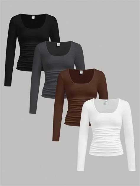 SHEIN Girlism 4pcs/Set Tween Girl's Casual Solid Color Crew Neck Long ...