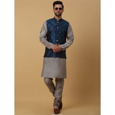 Buy Kraft India Men Grey Kurta & Churidar with Jacquard Blue Nehru ...
