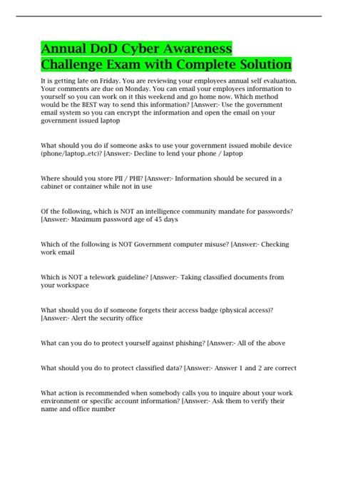 Annual DoD Cyber Awareness Challenge Exam with Complete Solution ...