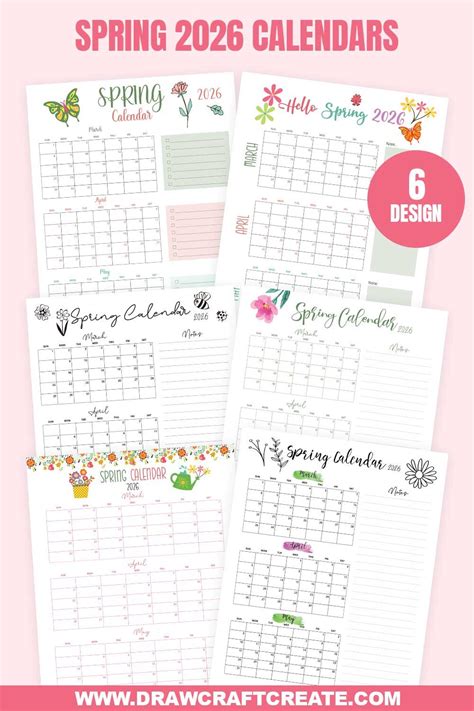 Free Printable 2026 Spring Calendars (6 Design) - Draw Craft Create