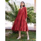 White Blue Hand Block Printed Cotton Tiered Dress