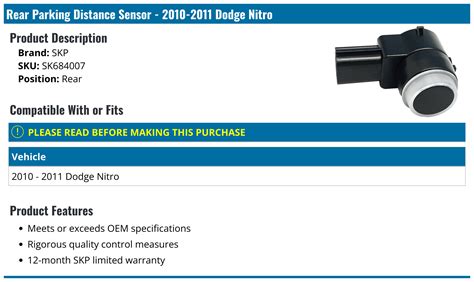 2010-2011 Dodge Nitro Parking Distance Sensor - SKP SK684007 - Rear ...