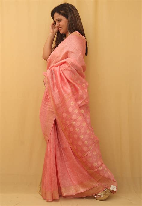 Pink Bhagalpur Linen Silk Saree: Elegant & Heavy Pallu