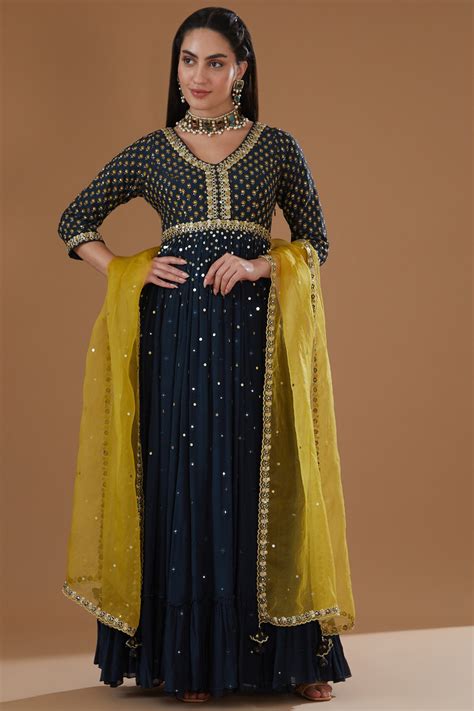 Indigo Printed And Embroidered Flared Anarkali Set – Ivory by Dipika