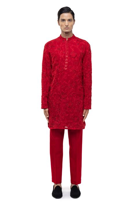 Red Georgette Floral Embroidery Kurta Set - SDS I KUSHAL SHAH
