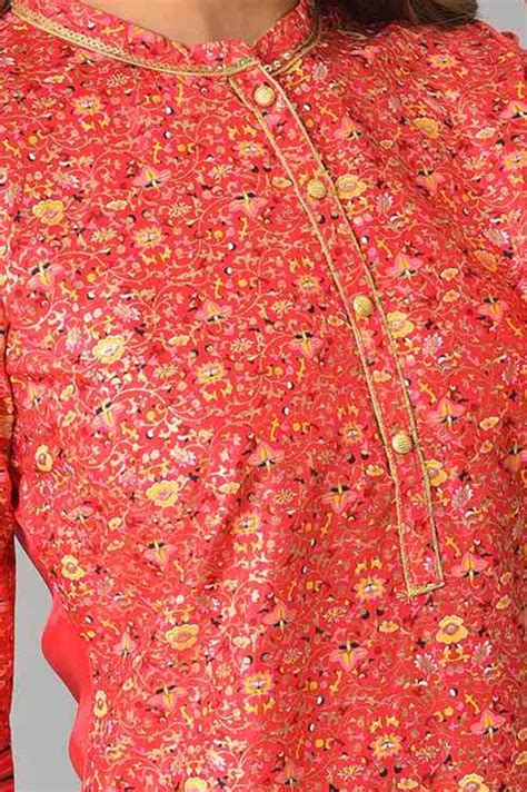 Buy Red Foil Floral Printed Printed Sequined Mandarin Collar Straight ...