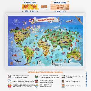 Personalized Animal World Map Wall Art with The Animal Quest Poster ...