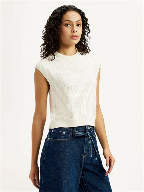 Women's Self Design Off White Crew Neck Top – Levis India Store