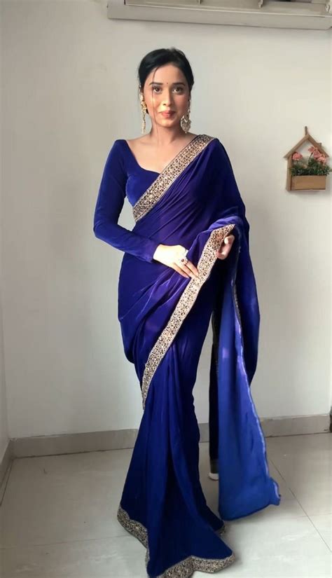 Instant Glamour Royal blue Ready-made Saree with Blouse Effortless and ...