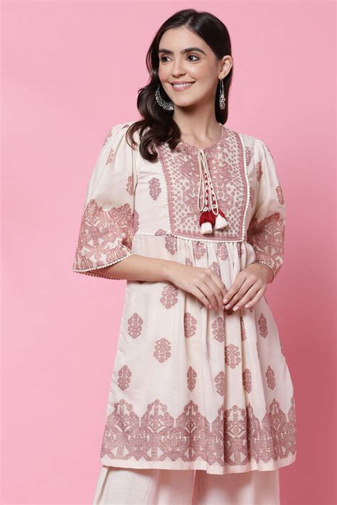 Ecru Poly Cotton Flared Short Yarndyed Kurti at Biba India