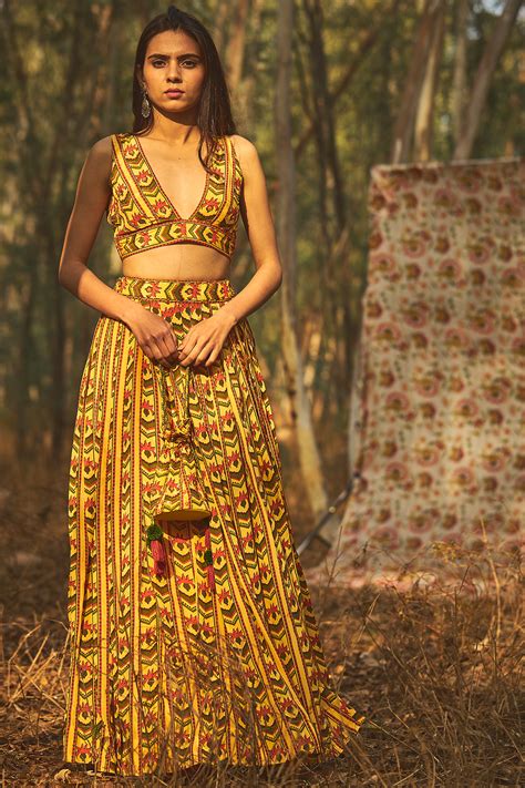 Buy WOMEN'S YELLOW NATURAL CREPE PUNCTURE SKIRT CROP TOP SET Online in ...