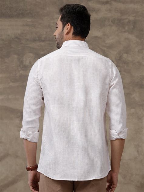 Men Pure Linen Striped Shirt White LS60