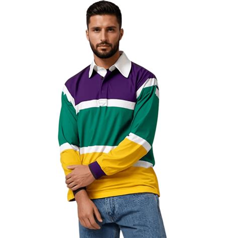 Adult Unisex Mardi Gras Polo Long Sleeve 3 Color Panel & White Trim ...