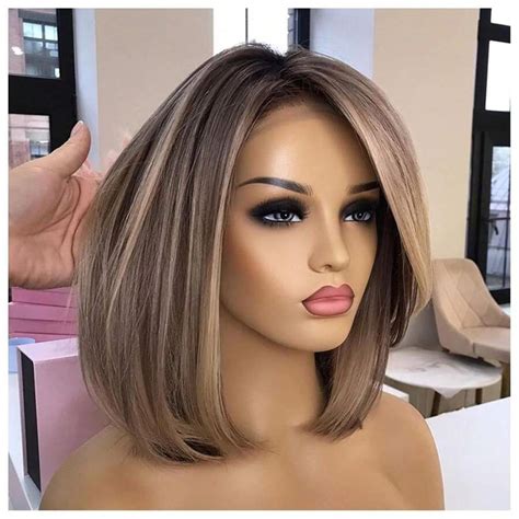 EAVIN GARY Brown Bob Highlight Wig Human Hair 360 Lace Wig Pre Plucked ...