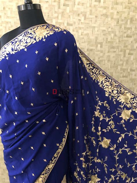 Pre Order Designer Parsi Gara Navy & Gold Crepe Silk Saree – Dress365days