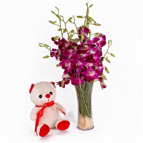 Buy Orchids in vase And Small Teddy bear Online at Best Price | Od