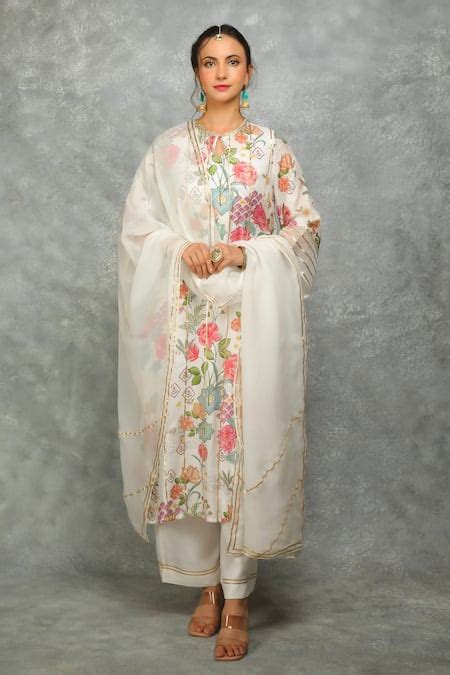 Buy White Cotton, Silk, Organza Embroidery, Gota Patti, Lace Round Neck ...