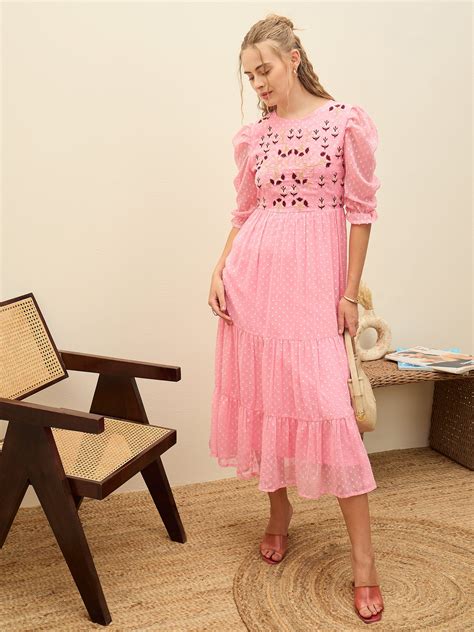 Women Pink Dobby Tiered Midi Dress