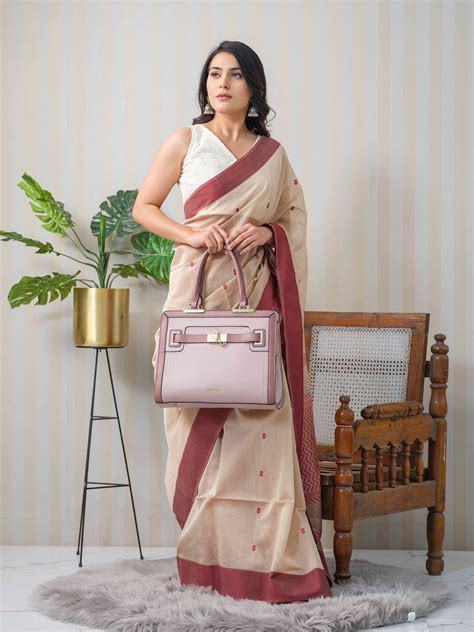 Beige Maheshwari Cotton Silk Saree – Mrida