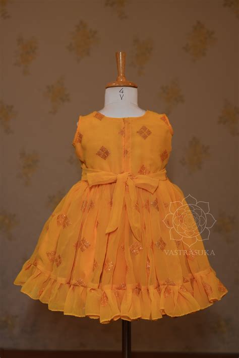 Yellow embroidered georgette kids dress – Vastrasuka