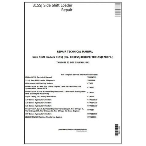 John Deere 315SJ Side Shift Loader Pdf Technical Repair Service Manual
