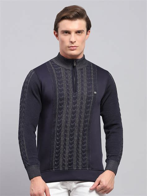 Buy Men Navy Blue Self Design Mock Neck Full Sleeve Pullover Online in ...