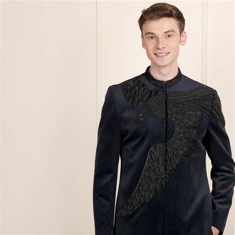 Navy Blue Velvet Sherwani with 3D Eagle Embroidery | Rhapso Exclusive