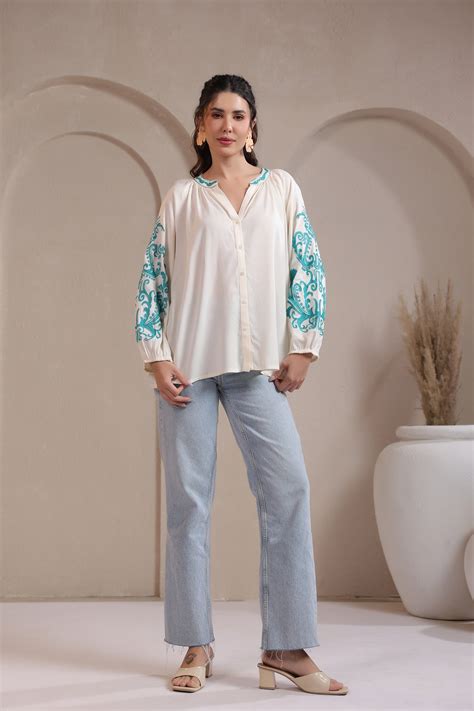 Women’s Solid Sky Green Color Rayon Top with Embroidery – Nyaro