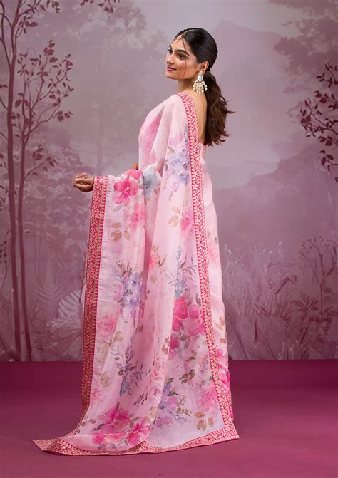 Buy Baby Pink Printed Georgette Saree - Koskii