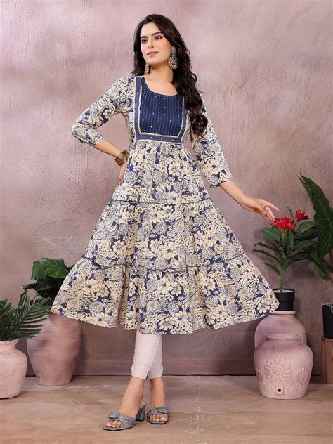 Cotton Printed Tiered Calf Length Kurta –Rangita