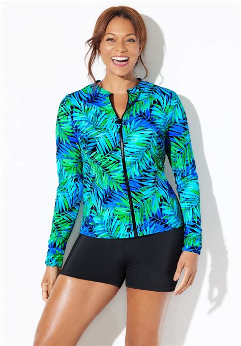 Chlorine Resistant Zip Up Swim Shirt Set With Boy Short | Swimsuits For All